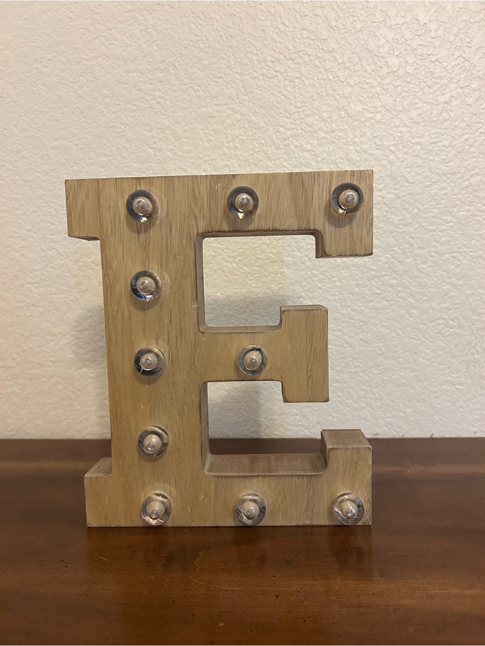 Wooden Decorative Letter E with LED Bulbs - Natural Finish